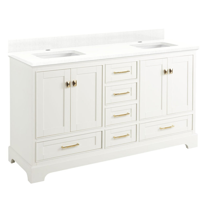 Quen 60" Freestanding Double Basin Vanity Set with Cabinet, Vanity Topss, Soft White, Single Hole, Feathered White Quartz