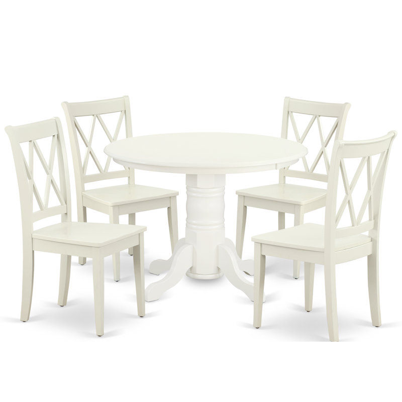 Ensemble de table de salle à manger 5 pièces pour 4 personnes comprenant une table de cuisine ronde avec piédestal et 4 chaises de cuisine, lin blanc