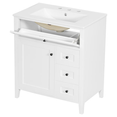 Ensemble de meuble-lavabo simple autoportant moderne 30 po avec lavabo, 3 tiroirs et tablette réglable, panneau de fibres à densité moyenne et bois d'hévéa