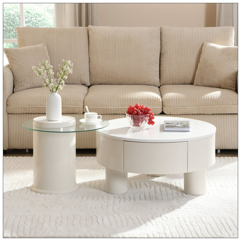Table basse de salon, Plateau blanc / base blanc cassé