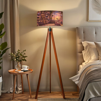  Tripod Standing Lamp Cozy Library Glowing Crystals Sunset View Remote Controlled Dimmable LED Floor Lamp with Beech Wood Legs & Detachable Linen Shade for Farmhouse Apartment Living Room and Bedroom