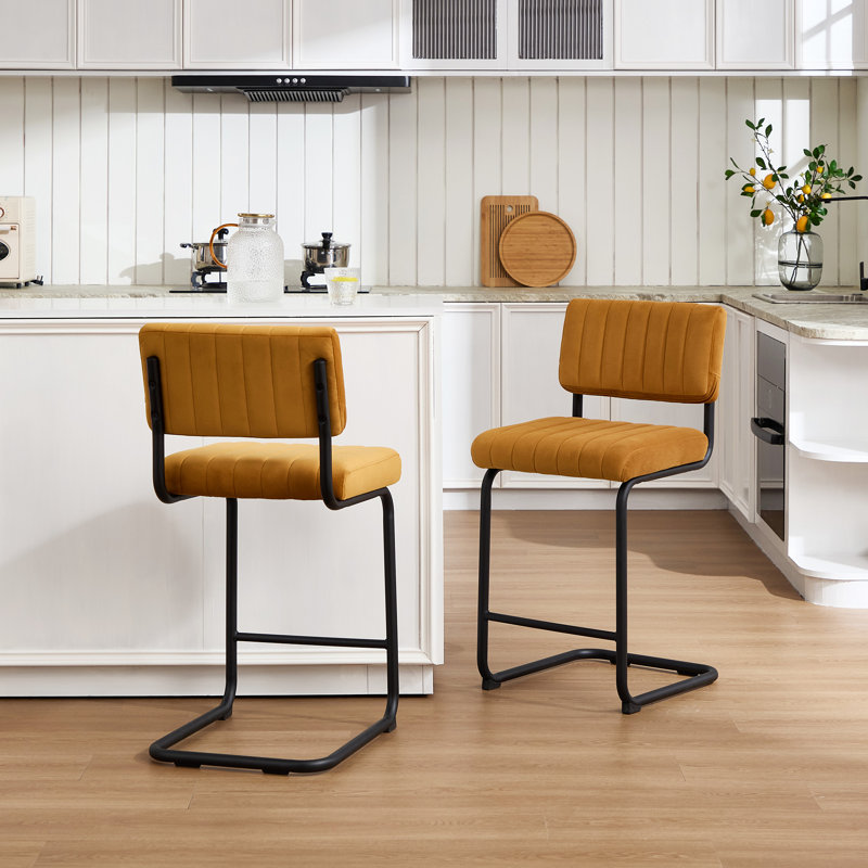 Ambrine 62.5cm H Counter Stool Features Velvet Thick Padded Seat and Black Steel Frame with Footrest, Cognac