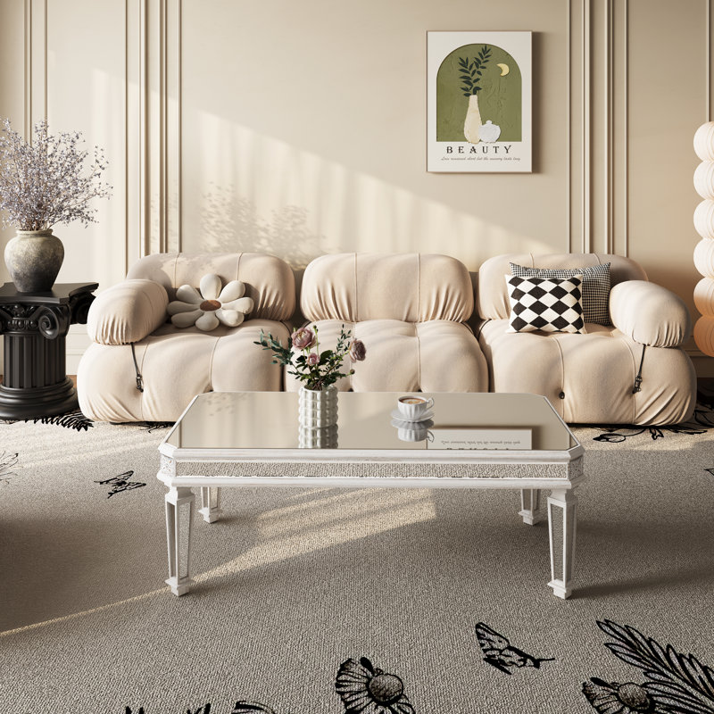 Rectangle Glass Coffee Table With Mirrored Finish, Vintage Carved Elements