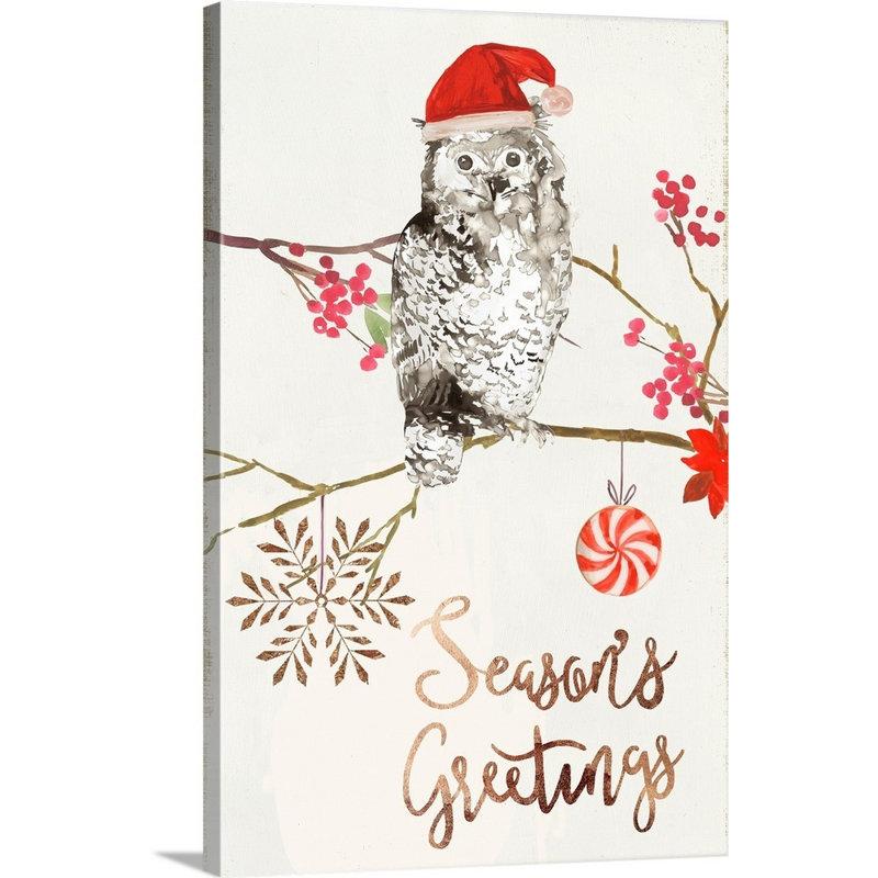 Christmas Owl II - reproduction d'art textuel sur toile, H 30 po x l 20 po x P 1,25 po, Toile tendue