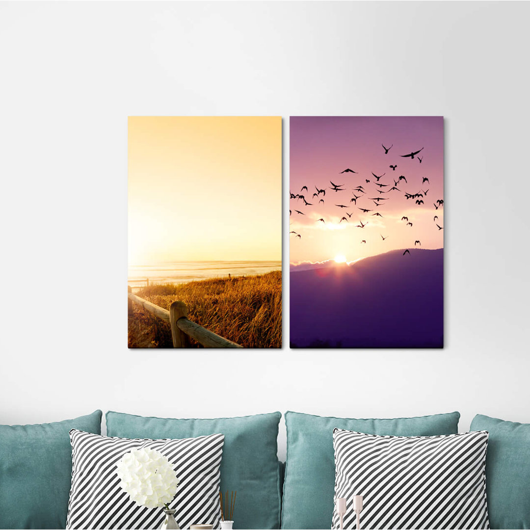 2-tlg. Leinwandbilder-Set - Fotografie "Vogelschwarm See-Sonnenuntergang-Meer-Treibholz-Stille"