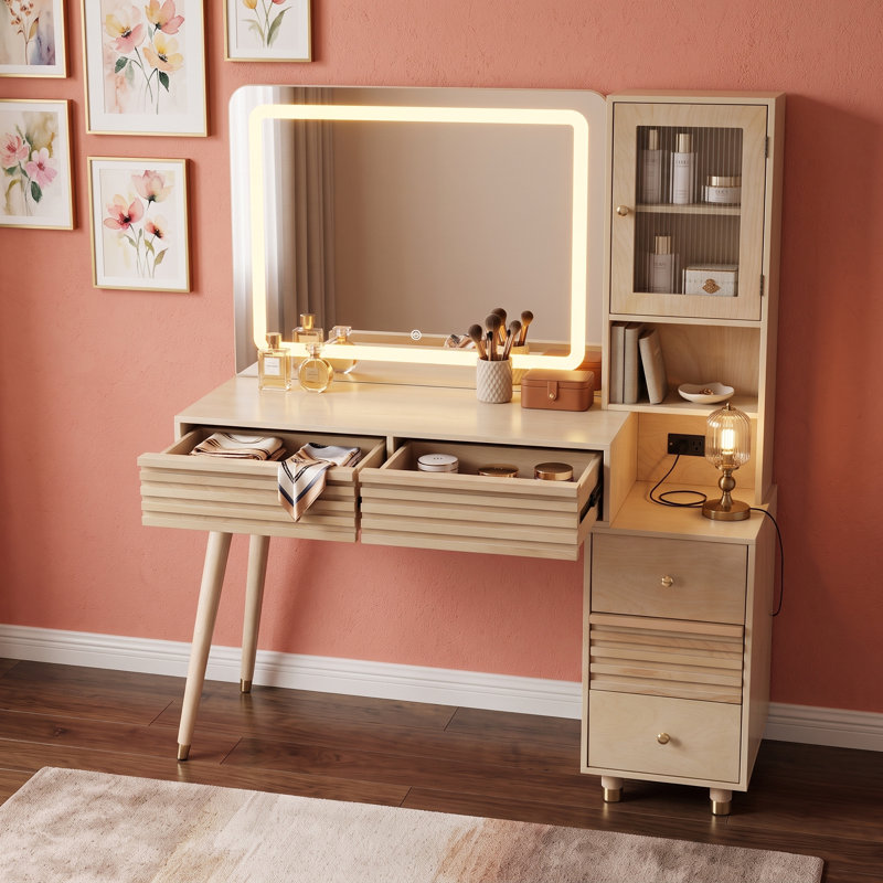 Meuble-lavabo élégant avec miroir lumineux à DEL, armoire en verre cannelé, rangement spacieux et station de charge intégrée