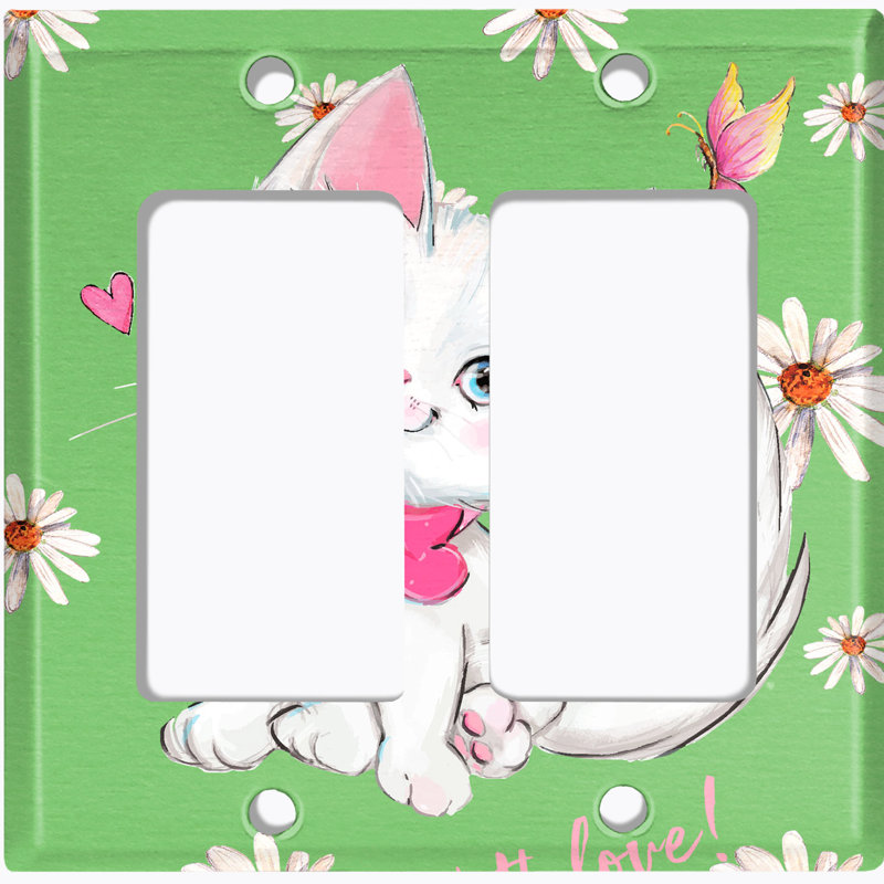 Mignon chat, cœurs roses, fleurs, vert, 2 bandes, interrupteur à bascule, plaque murale