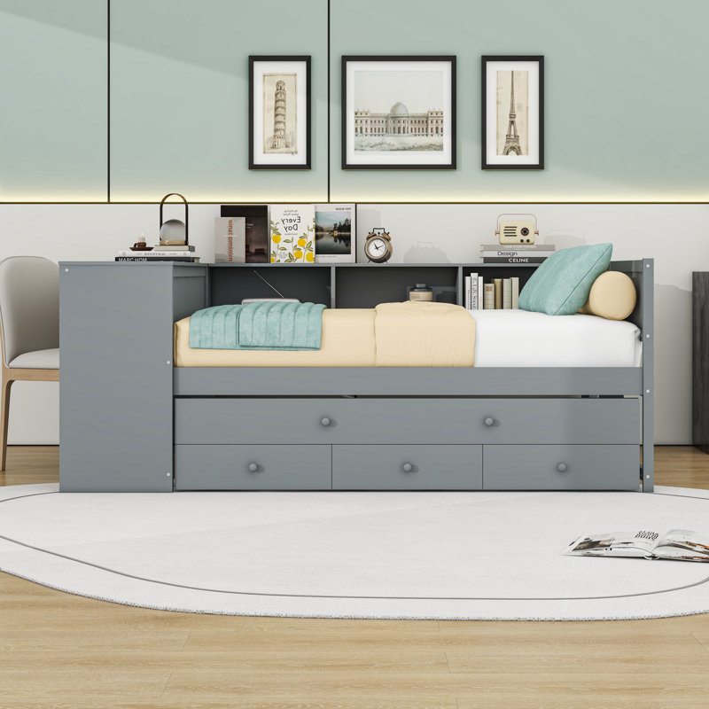 Lit de jour multifonctionnel en bois avec tablettes de rangement intégrées, bureau, tiroirs et lit gigogne, Gris