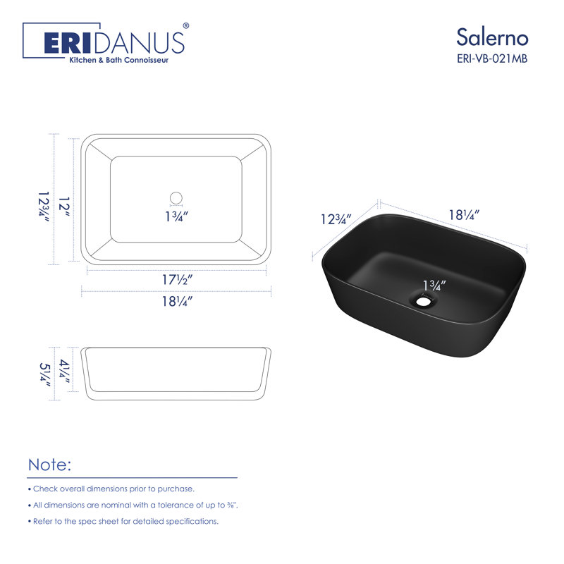  Salerno 18" L x 13'' W Vitreous China Rectangular Vessel Bathroom Sink, Matte Black