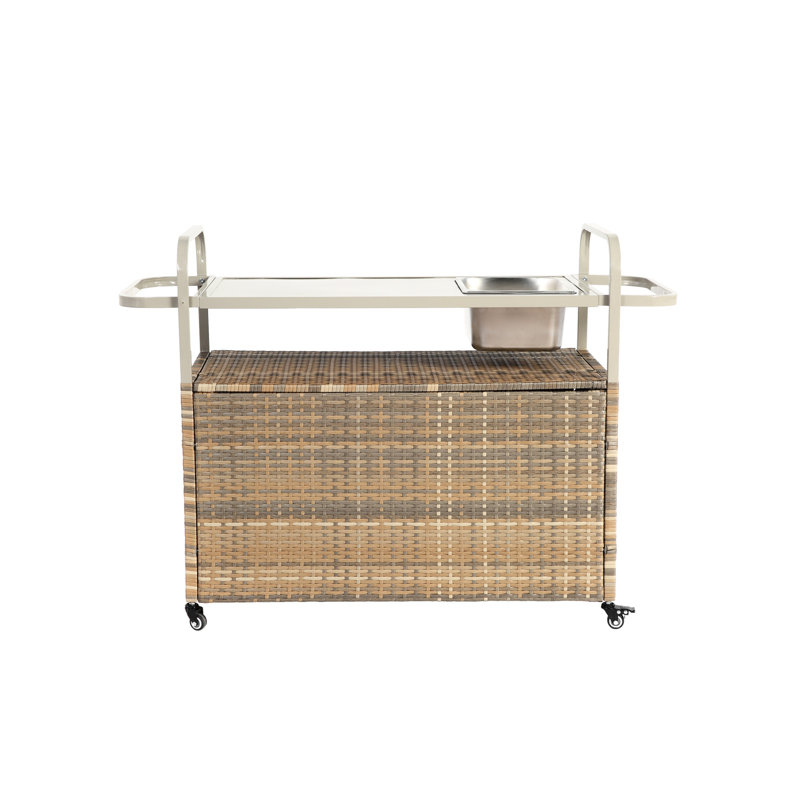 Patio Serving Cart With Cabinet & Movable Wheels - Beige Outdoor Bar Table, Steel Top, Lockable, All-Weather, Side Basket, Simple Assembly Backyard Table Cabinet, Lockable Wheels, Effortless Setup