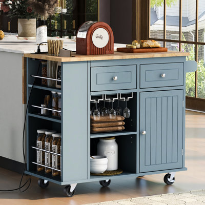 White Kitchen Island With Power Connection, Foldable Drop Leaf & Wine Cup Stand - Access Point Leaf, Holder, 5 Movement, Practical Storage