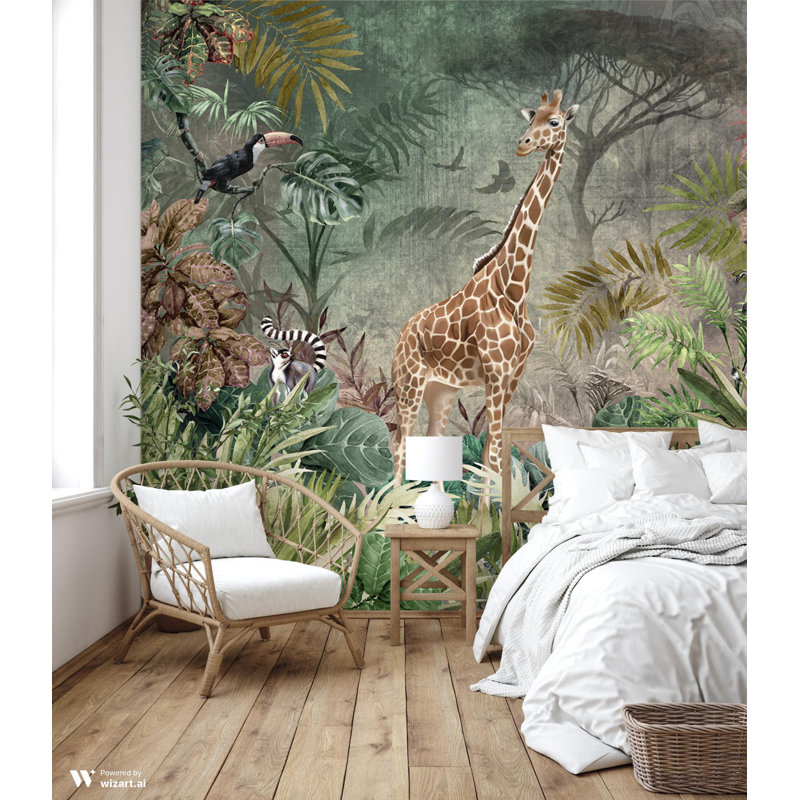 Enchanting Safari Wallpaper Mural Giraffe And Lemurs, 1416" L x 131" W, Green