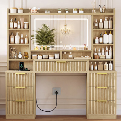 Vanity Desk with LED Lighted Mirror & Power Outlet, Makeup Vanity Table with 7 Drawers and 7 Shelves, Makeup Table for Bedroom, Natural
