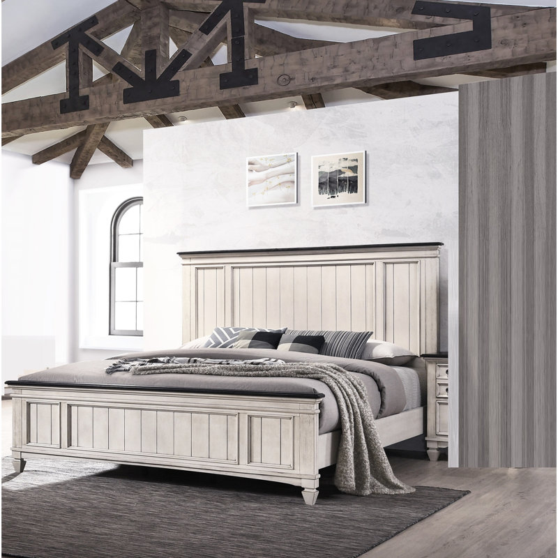 Style Queen Panel Bed, Built-In Bench , Solid Wood, Two-Tone Finish For Bedroom Contemporary Rustic Size Wood Frame, Beige + Brown