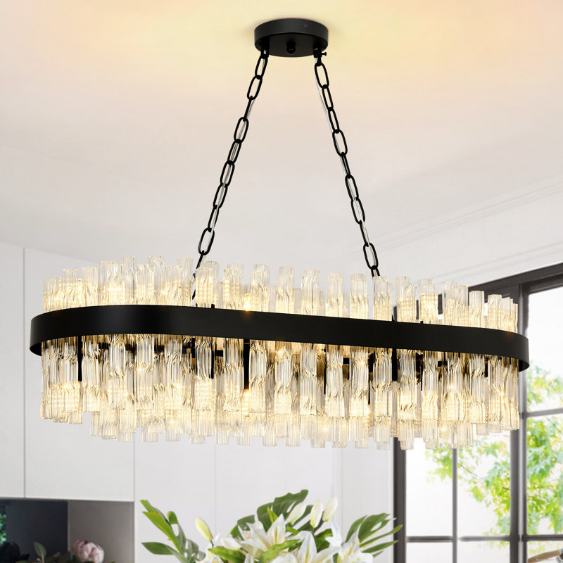 Dimmable 16-light Rectangle Crystal Chandelier, Matte Black