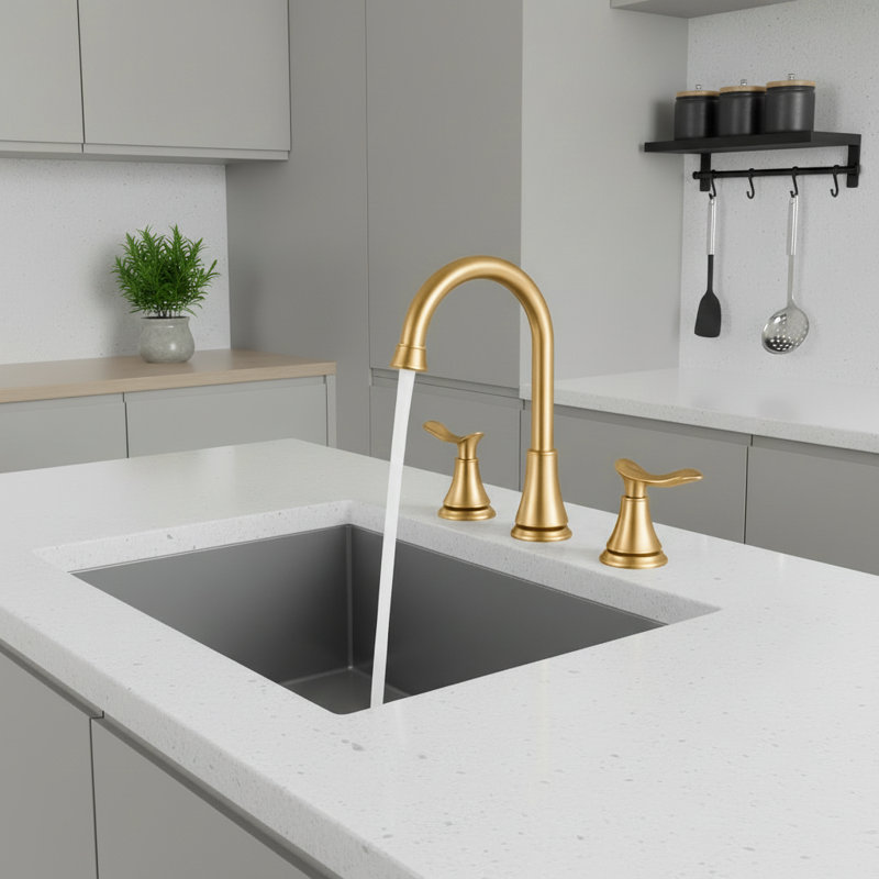 Brushed Gold High Arc Widespread Bathroom Faucet With Pop-Up Drain Assembly & Supply Hoses, Brushed Gold