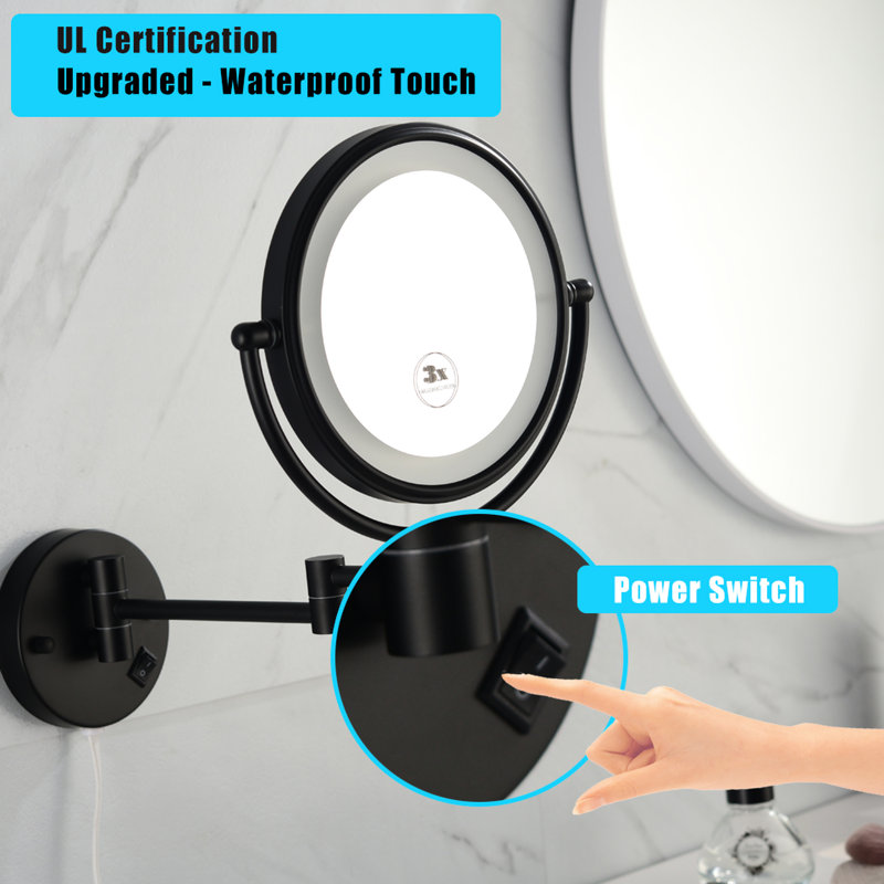Miroir de meuble-lavabo mural de 8 pouces à DEL avec 12 grossissements, noir mat, grossissement 1 / 3X, rotation de 360 degrés, bouton imperméable, bras de salle de bain grossissant, pivotant,