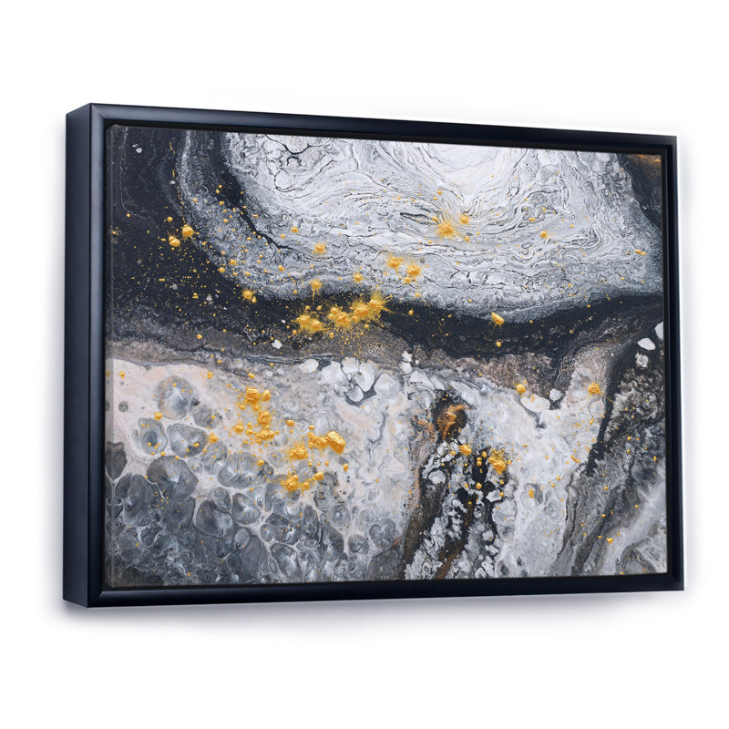 Vagues d'art en or noir et marbre blanc - peinture sur toile, H 12 po x l 20 po, Toile à cadre flottant noir