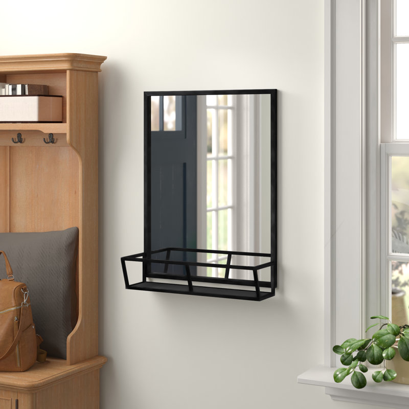 Shiloh Metal Flat Mirror with Shelves, Solid Black