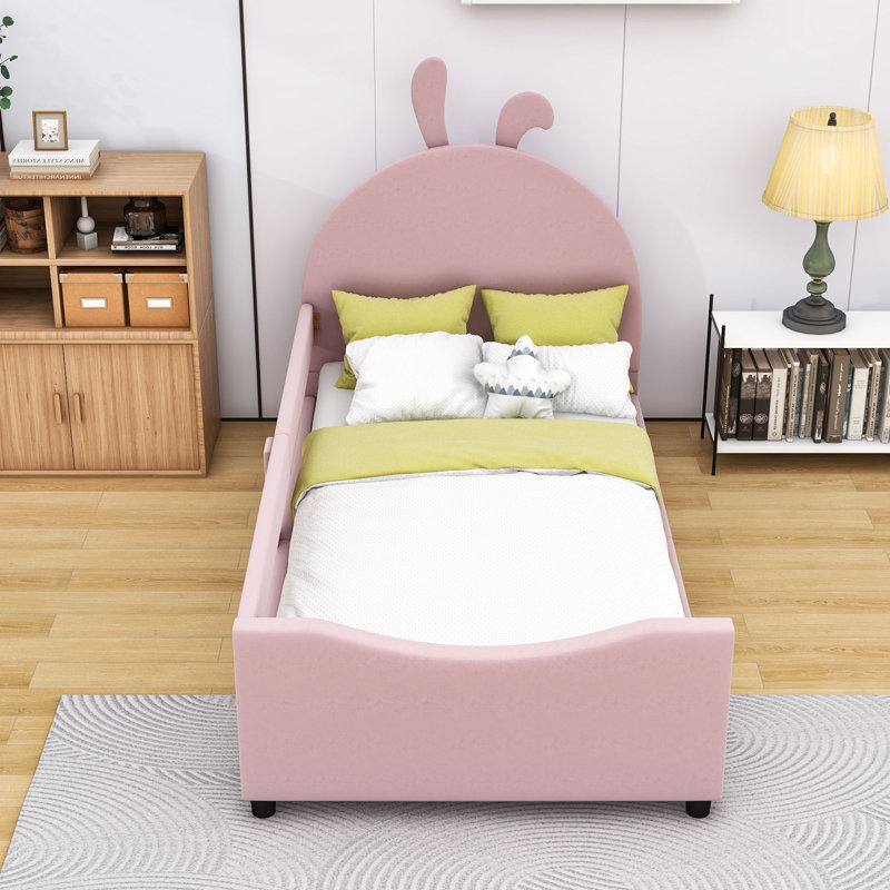 Lit simple tapissier avec tête de lit à oreilles de lapin et lattes, Rose