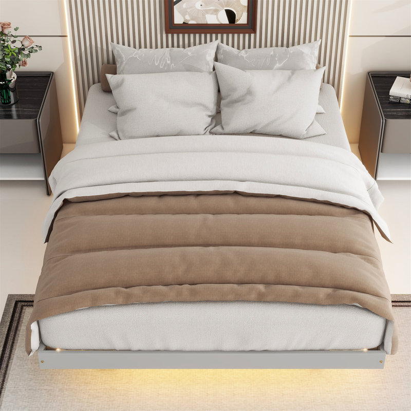 Modern Low Profile Platform Bed With LED Lights, Gray, Full / Double