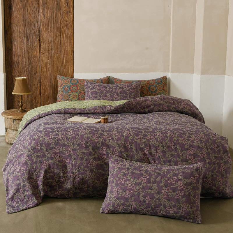 Ensemble de housse de couette jacquard en mousseline de coton 100 %, Queen, Purple