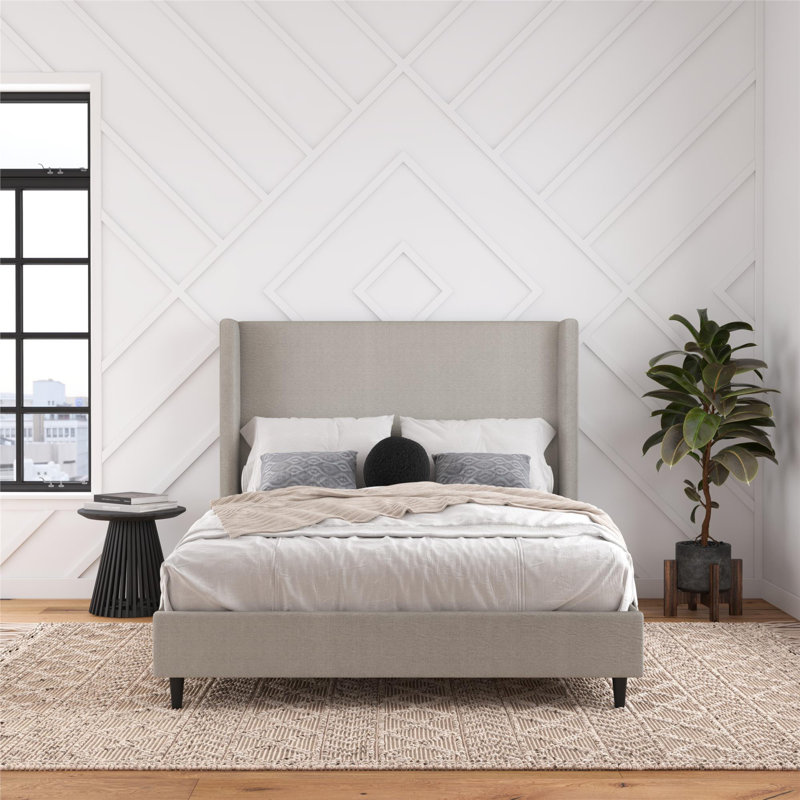 Ana Upholstered Wingback Platform Bed, Gray Canvas, Queen