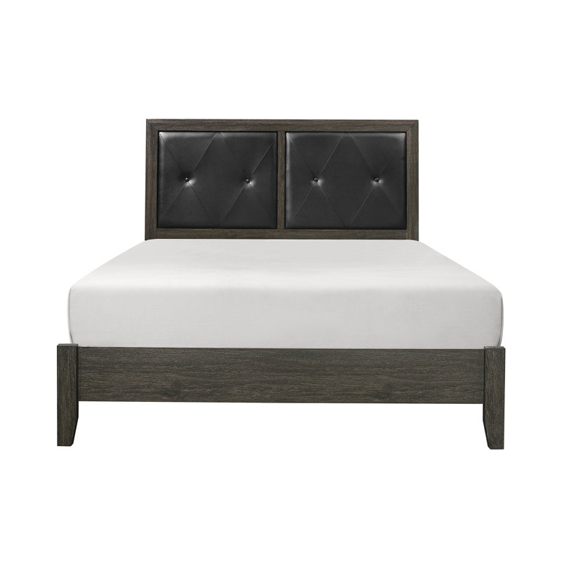 Mobilier de chambre en bois de style contemporain avec tête de lit tapissier capitonnée à boutons gris, Lit double