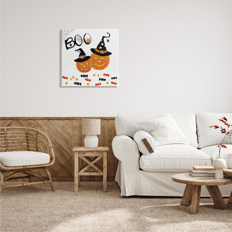 «Boo Expression with Orange Pumpkins Witch Hats» par Sally Swatland - impression d'art graphique, Toile tendue