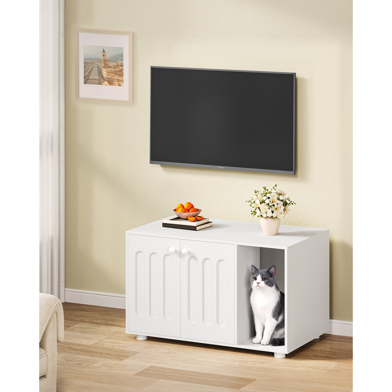 Cat Litter Box Enclosure, Hidden Litter Box Cabinet Furniture with Legs, Wooden Cat Litter Cupboard with 2 Door and Independent Partition, Modern Style, 80 x 48 x 51 cm, White 