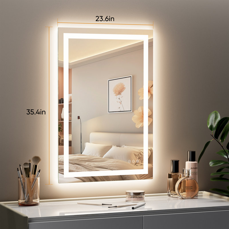 Miroir de salle de bain 35,4 x 23,6 po à DEL avec lumières, miroir de salle de bain anti-buée à 3 couleurs avec éclairage à DEL