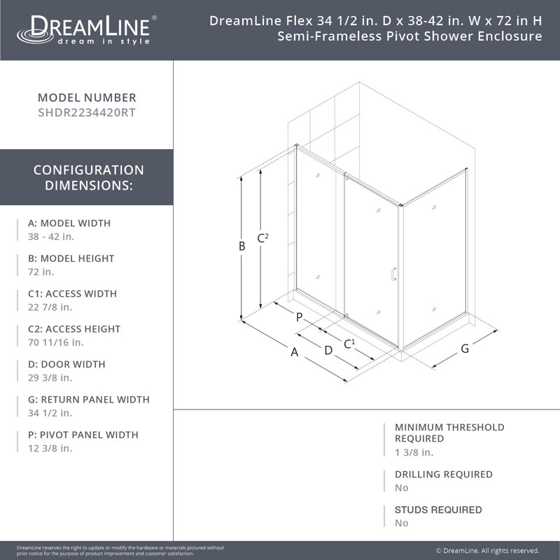 42" W x 34.5" D x 72" H Semi-Frameless Rectangle Reversible Shower Enclosure with Fixed Panel, Brushed Nickel
