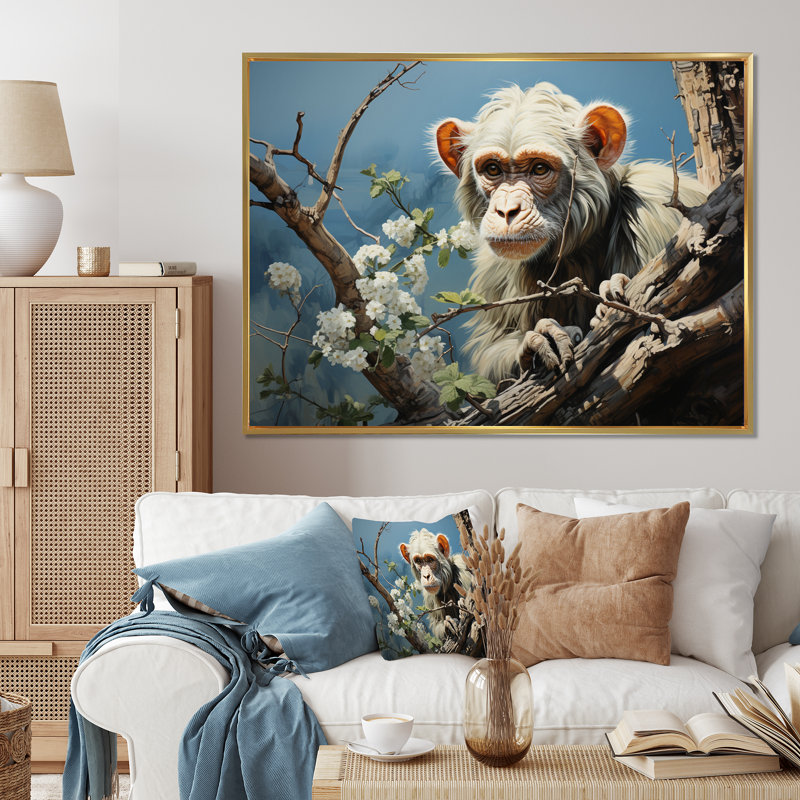 «Gray Brown Monkey Mischievous Monkey Pastoral», reproduction sur toile, H 30 po x l 40 po, Encadrement doré
