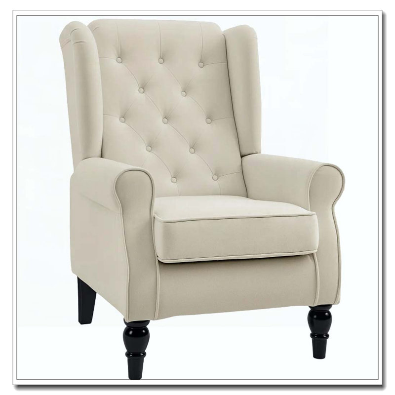 Chaise d'appoint capitonnée avec accoudoirs ronds et pieds en bois, Blanc, crème
