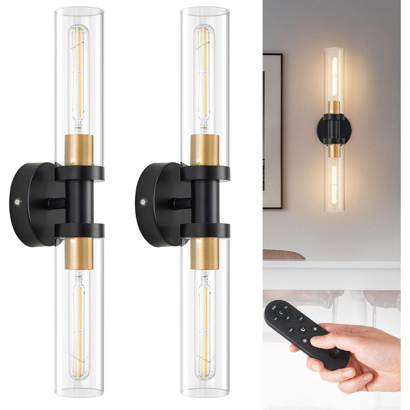 Battery Operated Wall Sconce Set of 2, 12000mAh Rechargeable Wall Lights with Remote Control, Wireless Dimmable Wall Lamps for Bedroom Living Room Bathroom Hallway Stairwell, Black & Gold