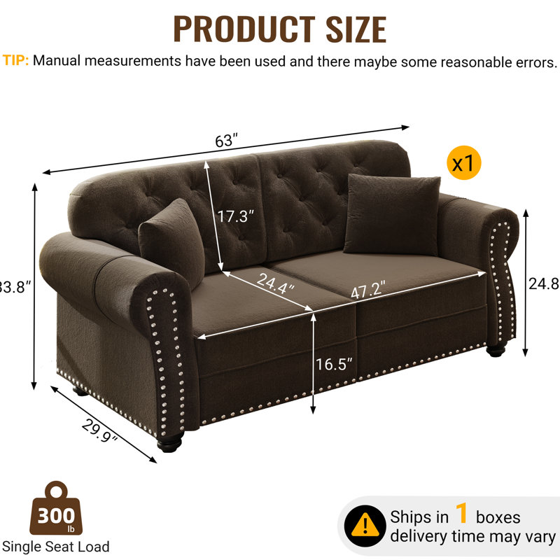 Canapé Chesterfield de 63 pouces en velours avec garniture cloutée et accoudoirs roulés, design moderne Mid-Century, comprend 2 coussins, brun