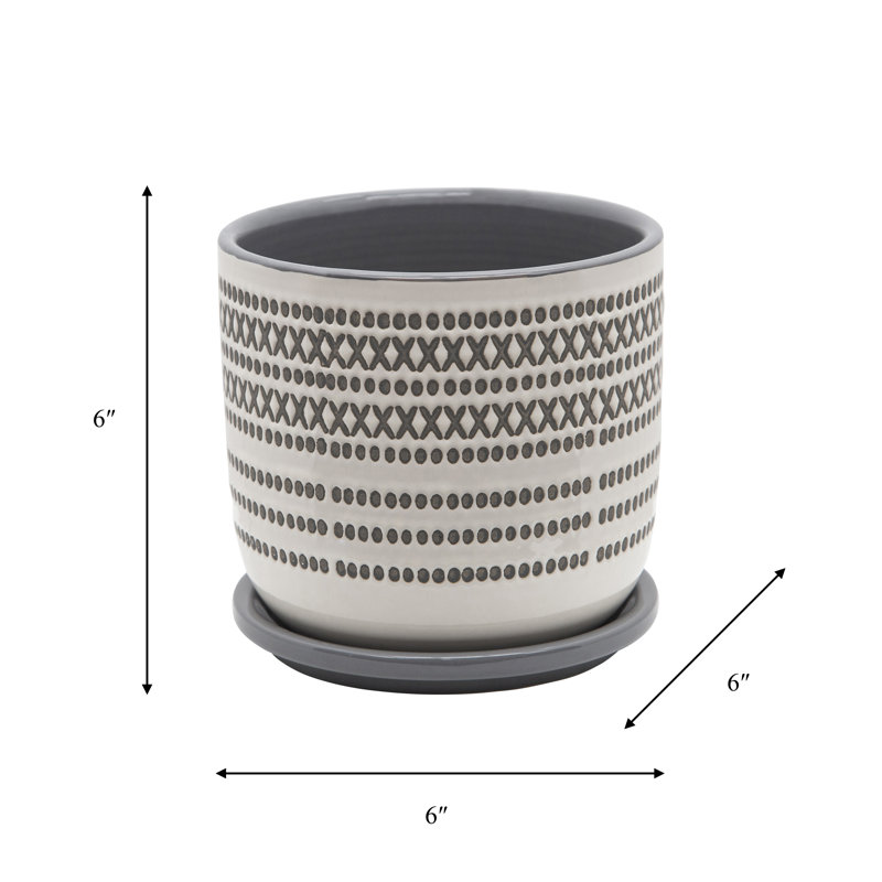 Ceramic and Cream Planter with Saucer Featuring Aztec Design, 6" H x 6" W x 6" D, Gray