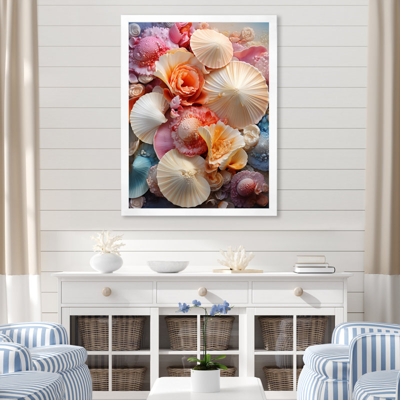 Impression sur toile multicolore «Seashells Coastal Collage I», Cadre simple blanc, H 32 po x l 16 po x P 1 po