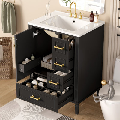 Modern Bathroom Vanity With Ceramic Sink, Soft-Close Door, 3 Drawers, Gold Handles, And Door-Mounted Rack For Space-Saving Storage