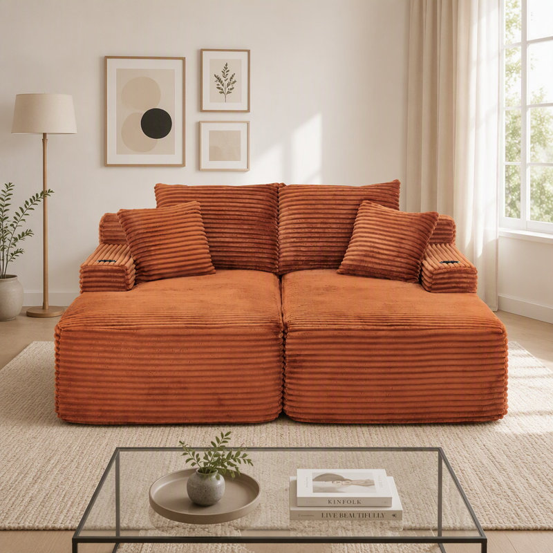 Canapé d'angle infonuagique avec méridienne double, porte-gobelets et poches latérales - Aucun ensemble requis, Orange