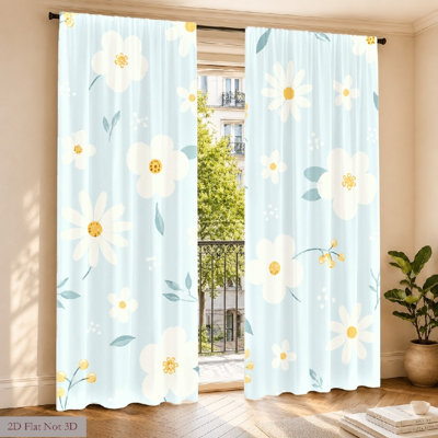 2Pcs Cute Floral Curtains, Light Filtering Fabric, Adorable Daisy and Flower Print Pattern, Sunshade Privacy Protection, Rod-Pocket Design, Suitable for Living Room, Bedroom, Balcony, Kitchen Home Decoration