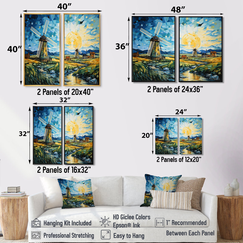 «Blue Calm Windmill Meadows», art mural industriel, Brown, 36" H x 48" W, Impression encadrée flottante