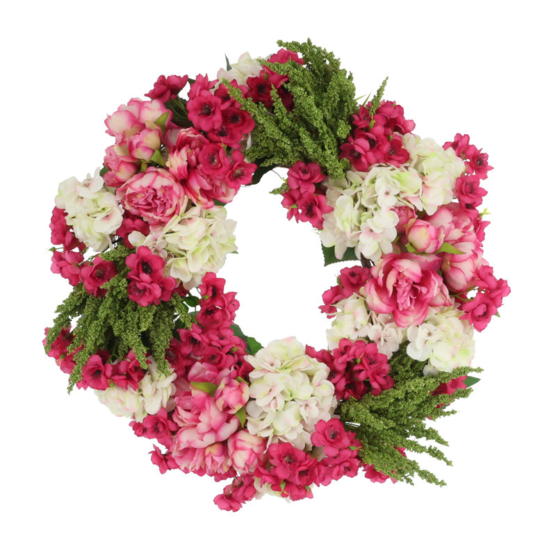 Couronne de fleur de cerisier, hortensia et pivoine 28 po
