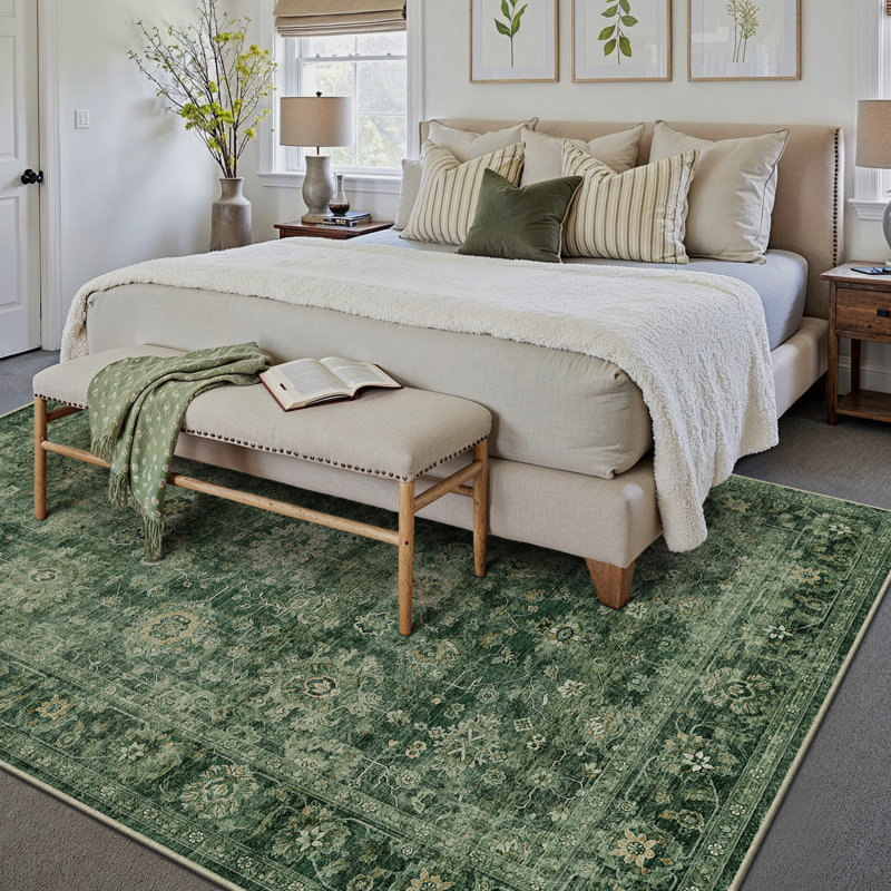 Virelle Vintage Persian Area Rug With Machine Washable & Non-Slip, Rectangle 9' x 12', Green