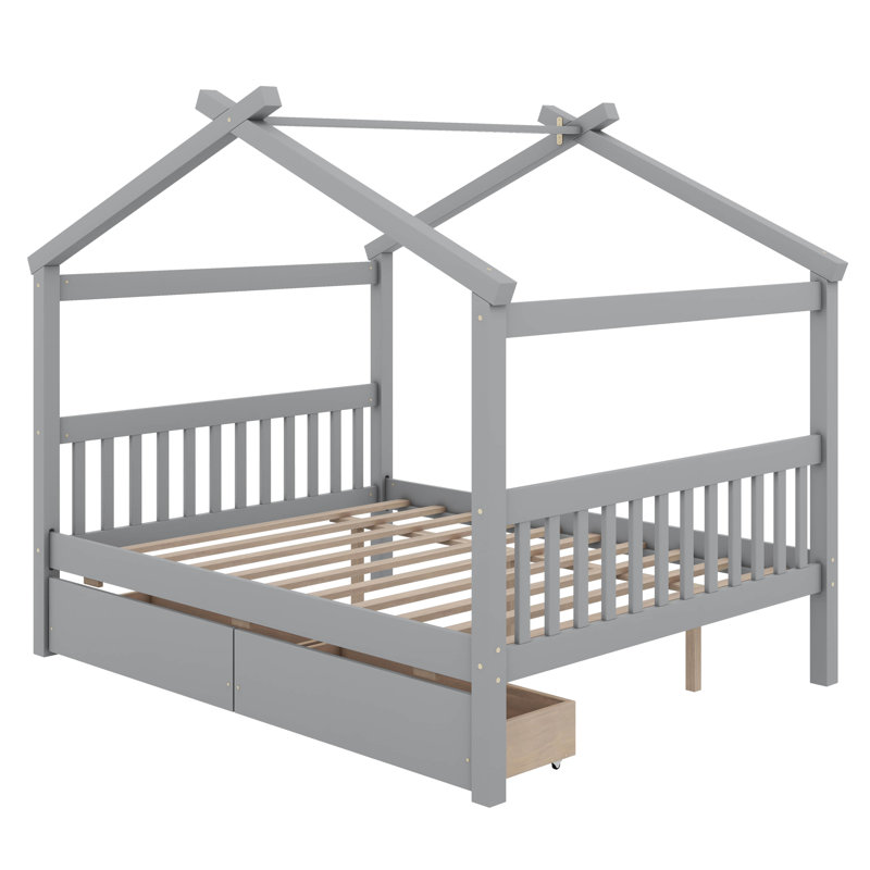 Wooden House Bed With Drawers, Full, Gray