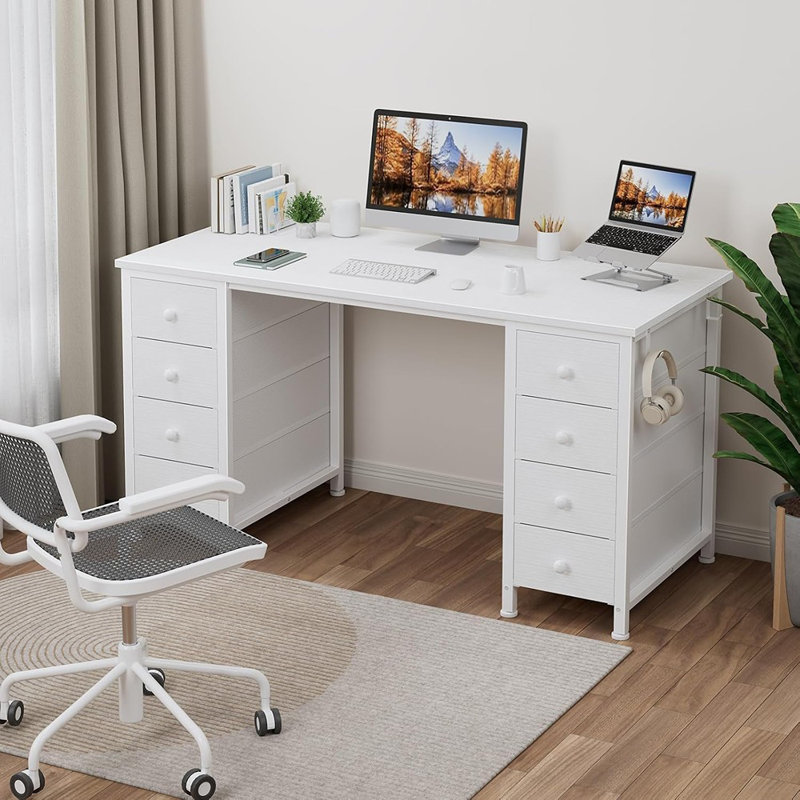 Bureau de meuble-lavabo blanc sans miroir - bureau d'ordinateur blanc de 47 pouces avec 8 tiroirs en tissu des deux côtés pour les filles, bureau de travail d'écriture de maquillage, coiffeuse sans miroir pour chambre à coucher
