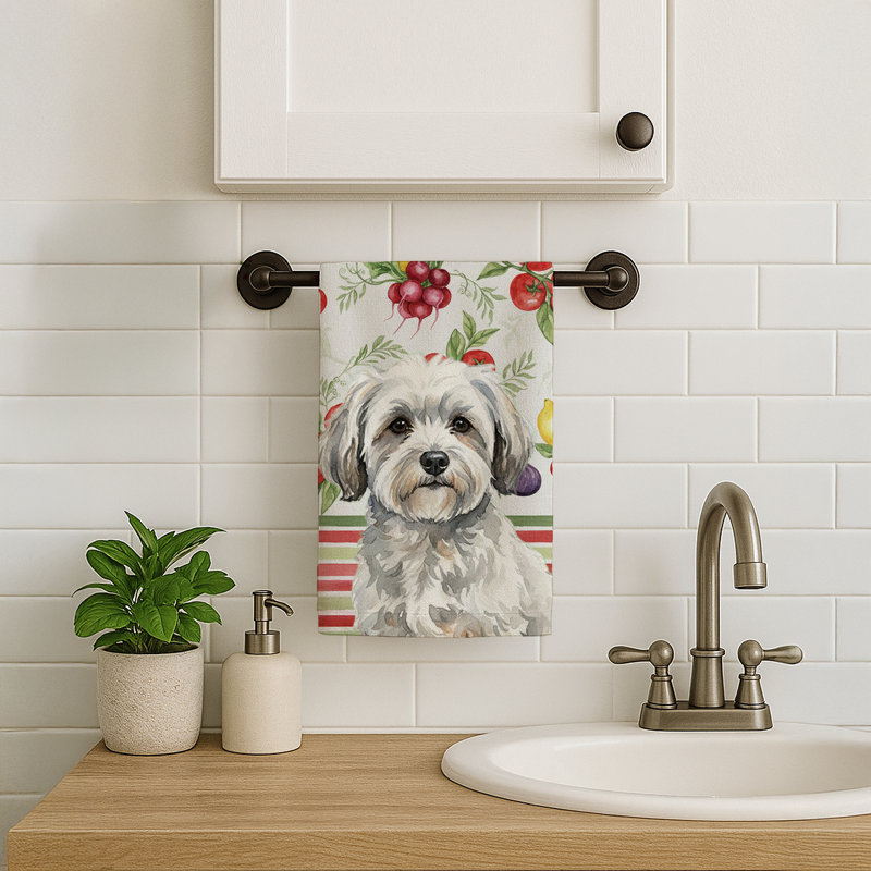 White with Gray Coton de Tulear Vegetables Kitchen Towel, White/Gray Coton de Tulear