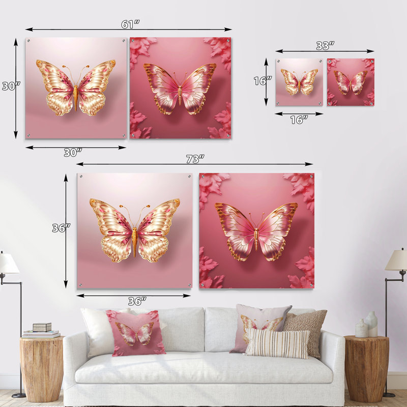 Black And Gold Diamonds Butterly I - Butterfly Acrylic Wall Art Glass Set Of 2, 30" H x 61" W