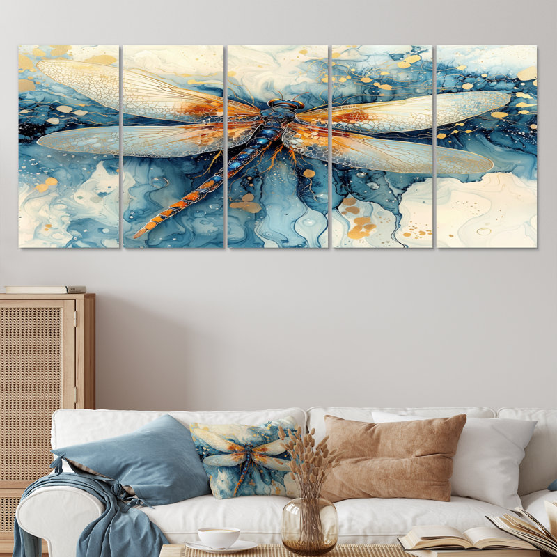 «Modern Aqua Dragonfly Serenade III», art mural libellule, H 28 po x l 60 po