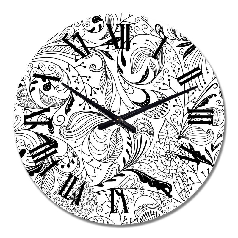 Horloge murale à motif floral noir et blanc, Moyen